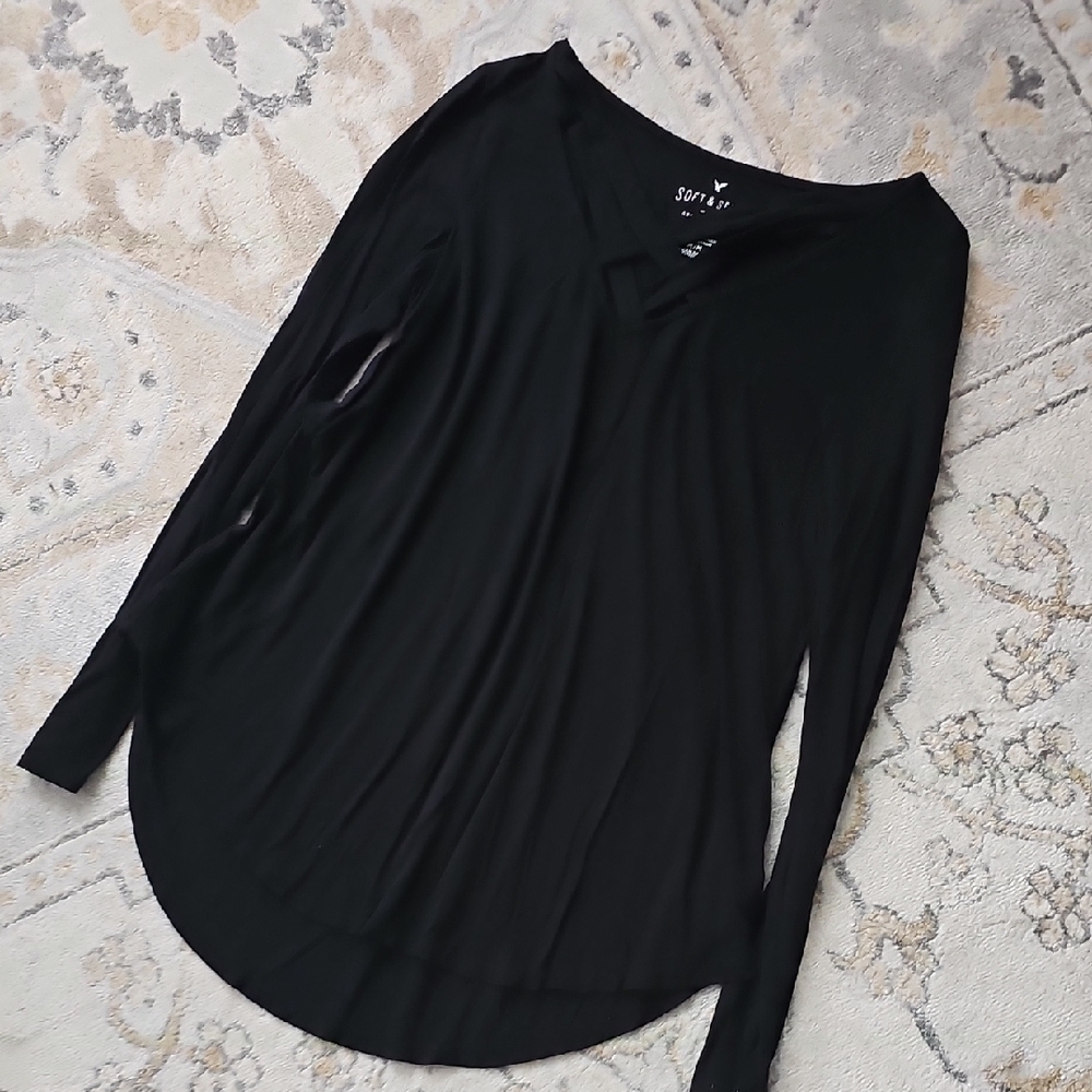 American Eagle Soft & Sexy Black Long Sleeve Blouse With Criss Cross Neckline